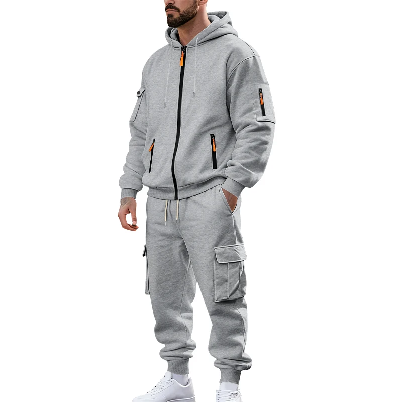 Men's 1-piece Fleece-lined Zip-up Hoodie with 2-piece Multi-zip Pocket Workwear Casual Pants Winter Street Sports Set