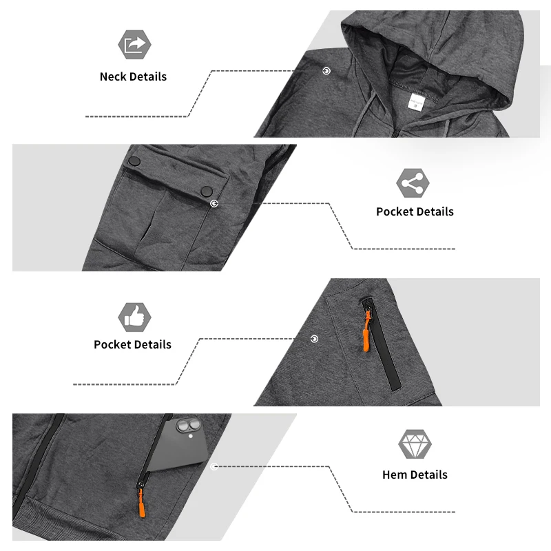 Men's 1-piece Fleece-lined Zip-up Hoodie with 2-piece Multi-zip Pocket Workwear Casual Pants Winter Street Sports Set