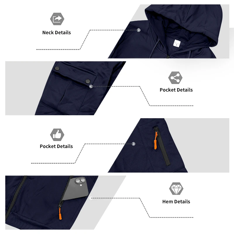 Men's 1-piece Fleece-lined Zip-up Hoodie with 2-piece Multi-zip Pocket Workwear Casual Pants Winter Street Sports Set