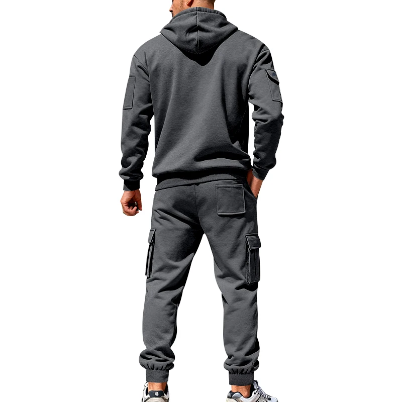 Men's 1-piece Fleece-lined Zip-up Hoodie with 2-piece Multi-zip Pocket Workwear Casual Pants Winter Street Sports Set