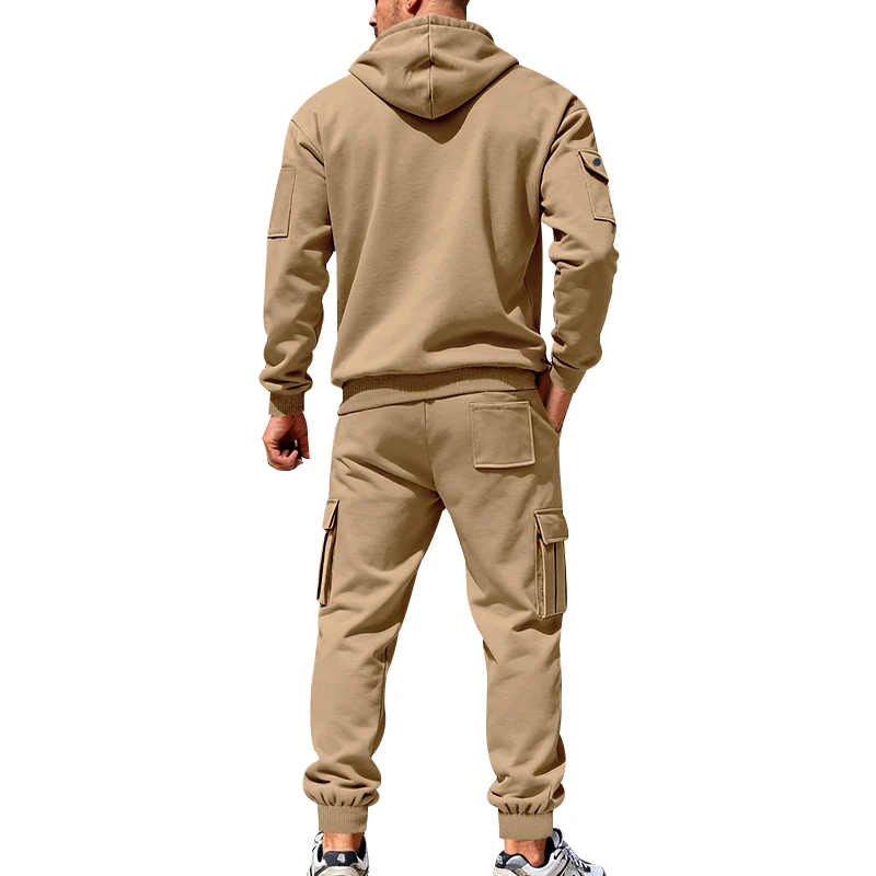 Men's 1-piece Fleece-lined Zip-up Hoodie with 2-piece Multi-zip Pocket Workwear Casual Pants Winter Street Sports Set