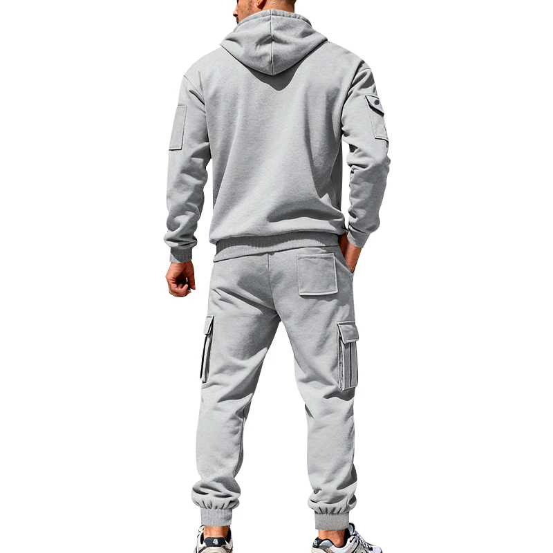 Men's 1-piece Fleece-lined Zip-up Hoodie with 2-piece Multi-zip Pocket Workwear Casual Pants Winter Street Sports Set
