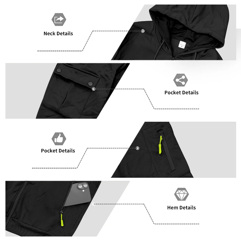 Men's 1-piece Fleece-lined Zip-up Hoodie with 2-piece Multi-zip Pocket Workwear Casual Pants Winter Street Sports Set