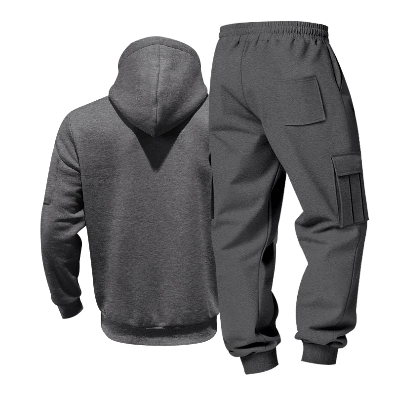 Men's 1-piece Fleece-lined Zip-up Hoodie with 2-piece Multi-zip Pocket Workwear Casual Pants Winter Street Sports Set