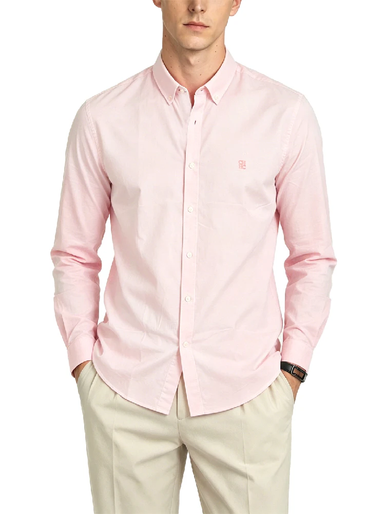 CH Mens Button Down Collar Tiny Letter Chest Embroidery Long Sleeve Oxford Shirt Office Daily Smart Top