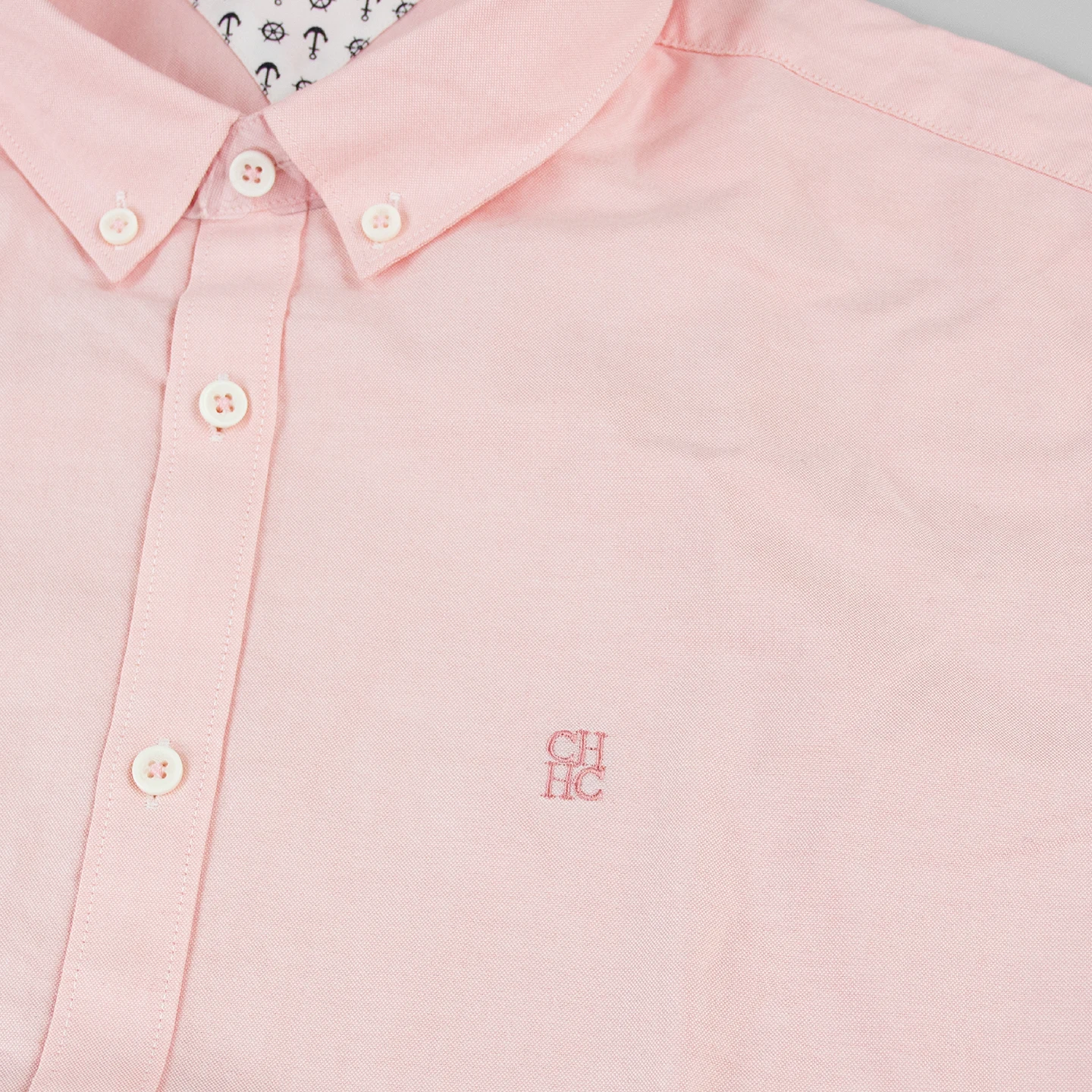 CH Mens Button Down Collar Tiny Letter Chest Embroidery Long Sleeve Oxford Shirt Office Daily Smart Top