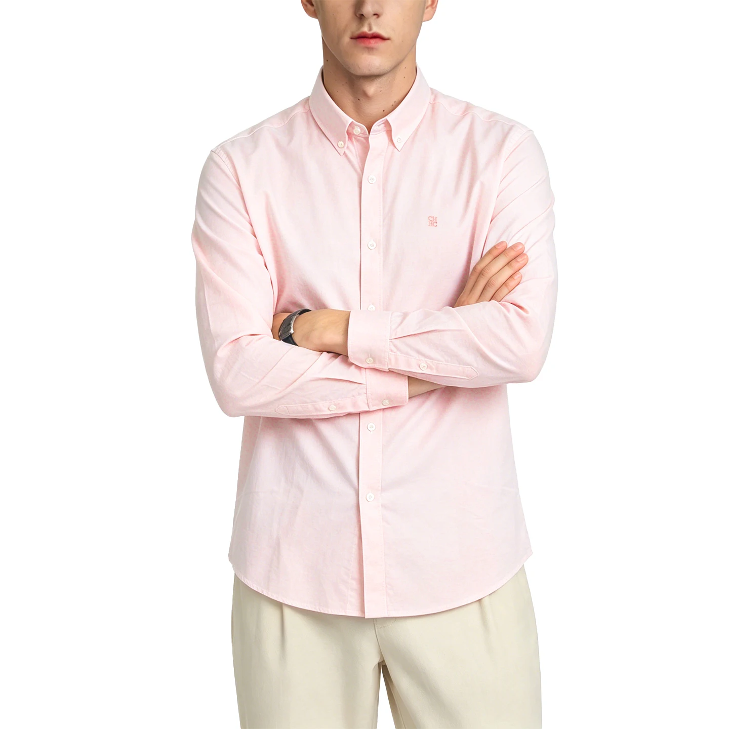 CH Mens Button Down Collar Tiny Letter Chest Embroidery Long Sleeve Oxford Shirt Office Daily Smart Top