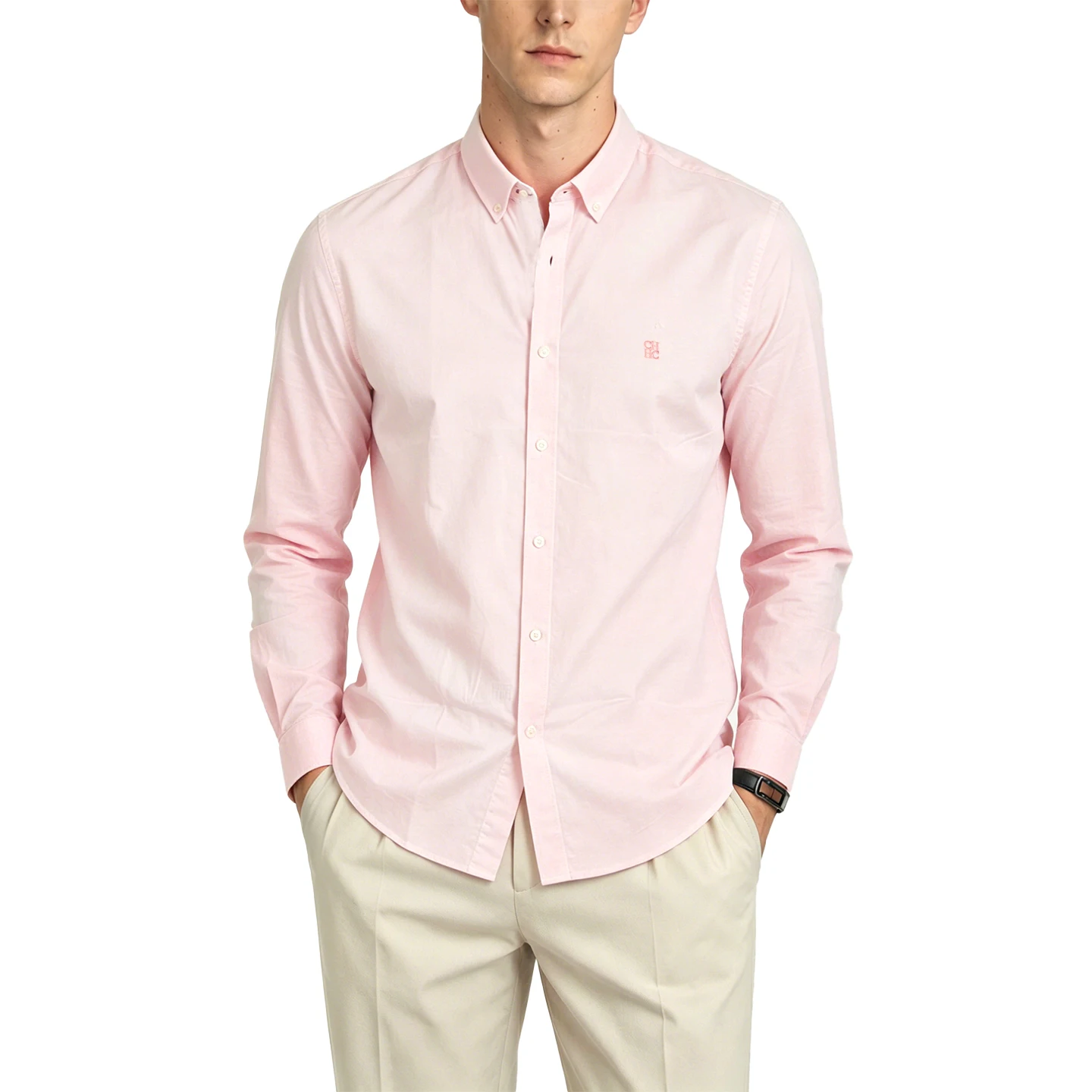 CH Mens Button Down Collar Tiny Letter Chest Embroidery Long Sleeve Oxford Shirt Office Daily Smart Top