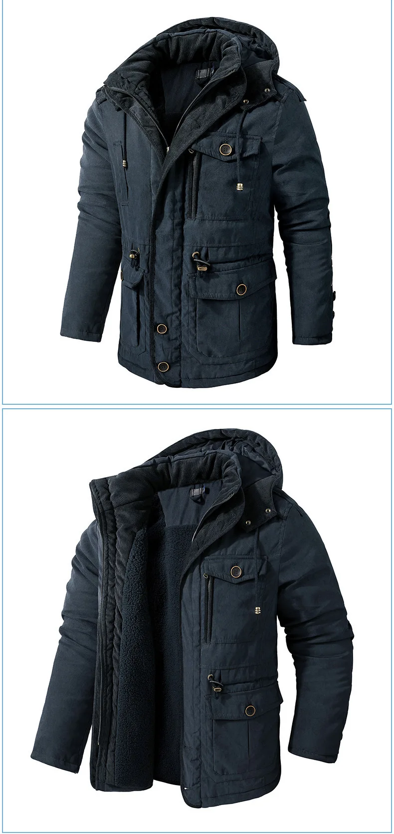 Pop Winter Fleece Parkas Men Warm Windproof Jackets Thick Hooded Parka Coat Mens Fur Linner Outerwear Casual Cotton Padded Jacke