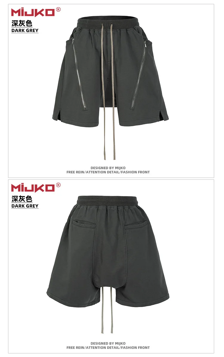 MIJKO Black Dark Grey Shorts Men Hip Hop Shorts Double Zipper Streetwear Fashion Short Pants 8327