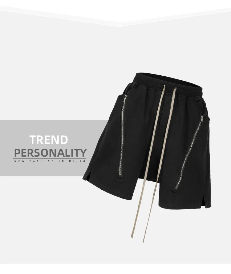 MIJKO Black Dark Grey Shorts Men Hip Hop Shorts Double Zipper Streetwear Fashion Short Pants 8327