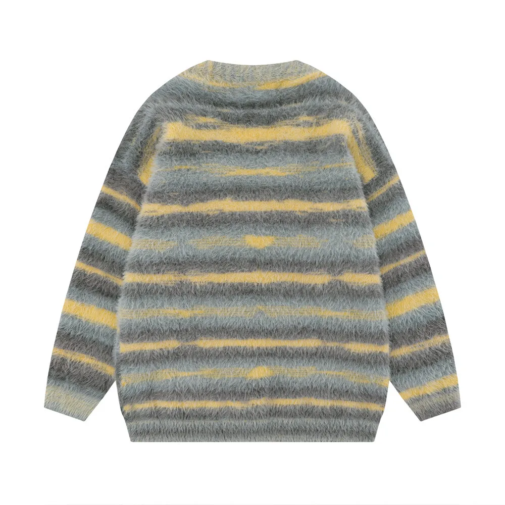 Hip Hop Striped Plush Thickened Men's Cardigan V-neck Fashionable Casual Loose Sweater Couple Streetwear Loose Knit