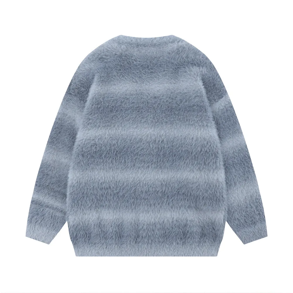 Hip Hop Striped Plush Thickened Men's Cardigan V-neck Fashionable Casual Loose Sweater Couple Streetwear Loose Knit