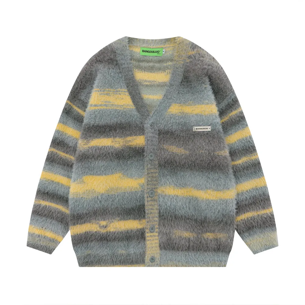 Hip Hop Striped Plush Thickened Men's Cardigan V-neck Fashionable Casual Loose Sweater Couple Streetwear Loose Knit