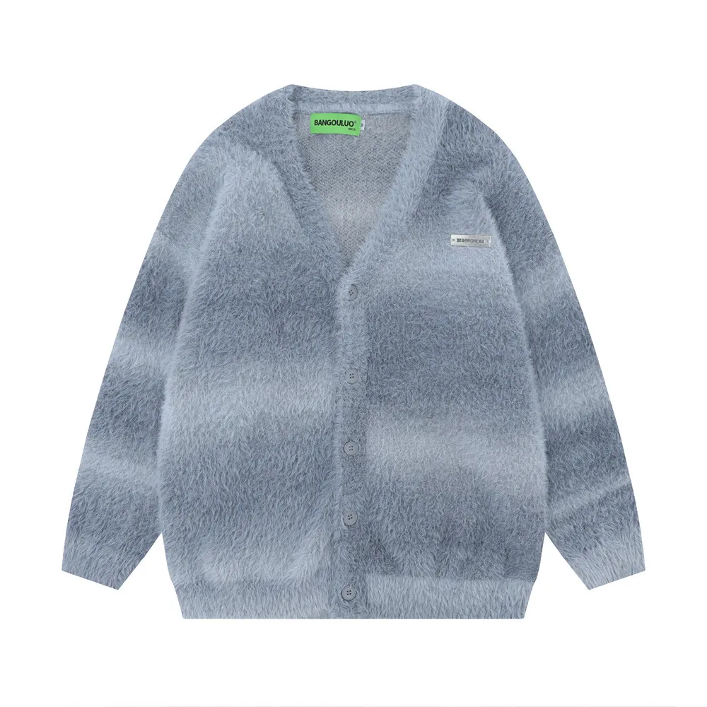 Hip Hop Striped Plush Thickened Men's Cardigan V-neck Fashionable Casual Loose Sweater Couple Streetwear Loose Knit