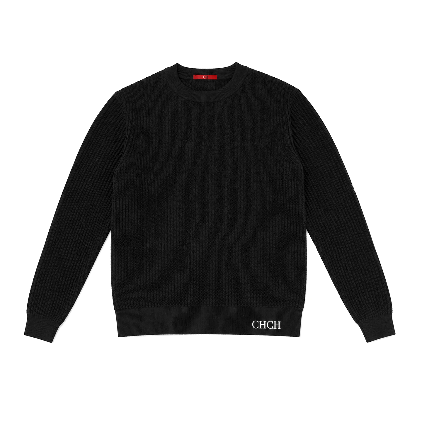 CH Men Crew Neck Long Sleeve Sweater Standout White Letter Embroidery Bottom Hem Regular Fit Minimalist Fall Office Daily Wear