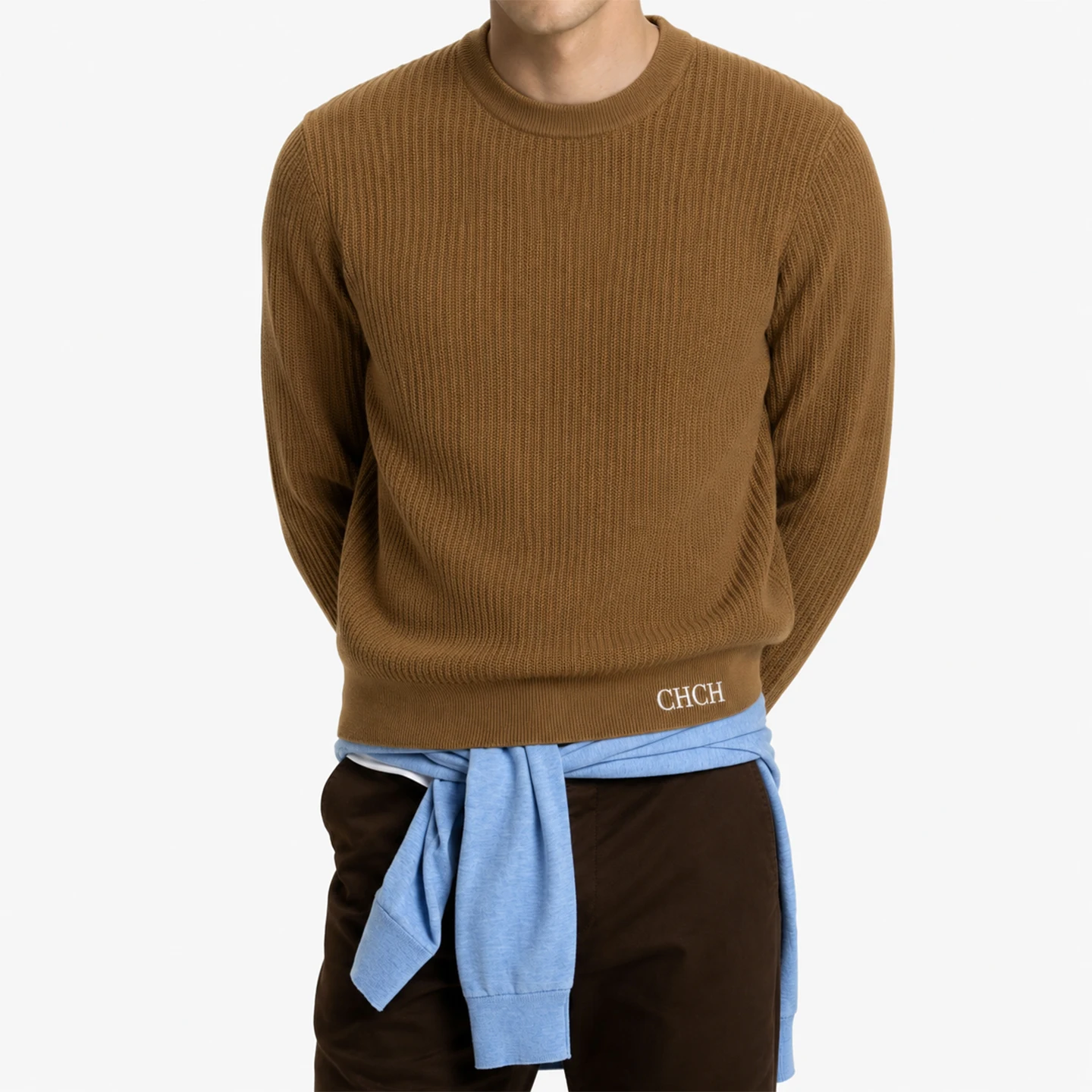 CH Men Crew Neck Long Sleeve Sweater Standout White Letter Embroidery Bottom Hem Regular Fit Minimalist Fall Office Daily Wear