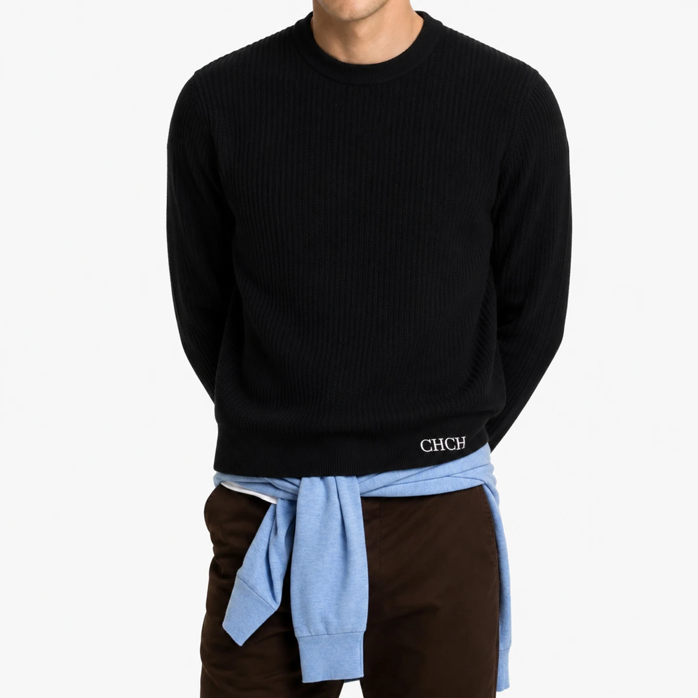 CH Men Crew Neck Long Sleeve Sweater Standout White Letter Embroidery Bottom Hem Regular Fit Minimalist Fall Office Daily Wear