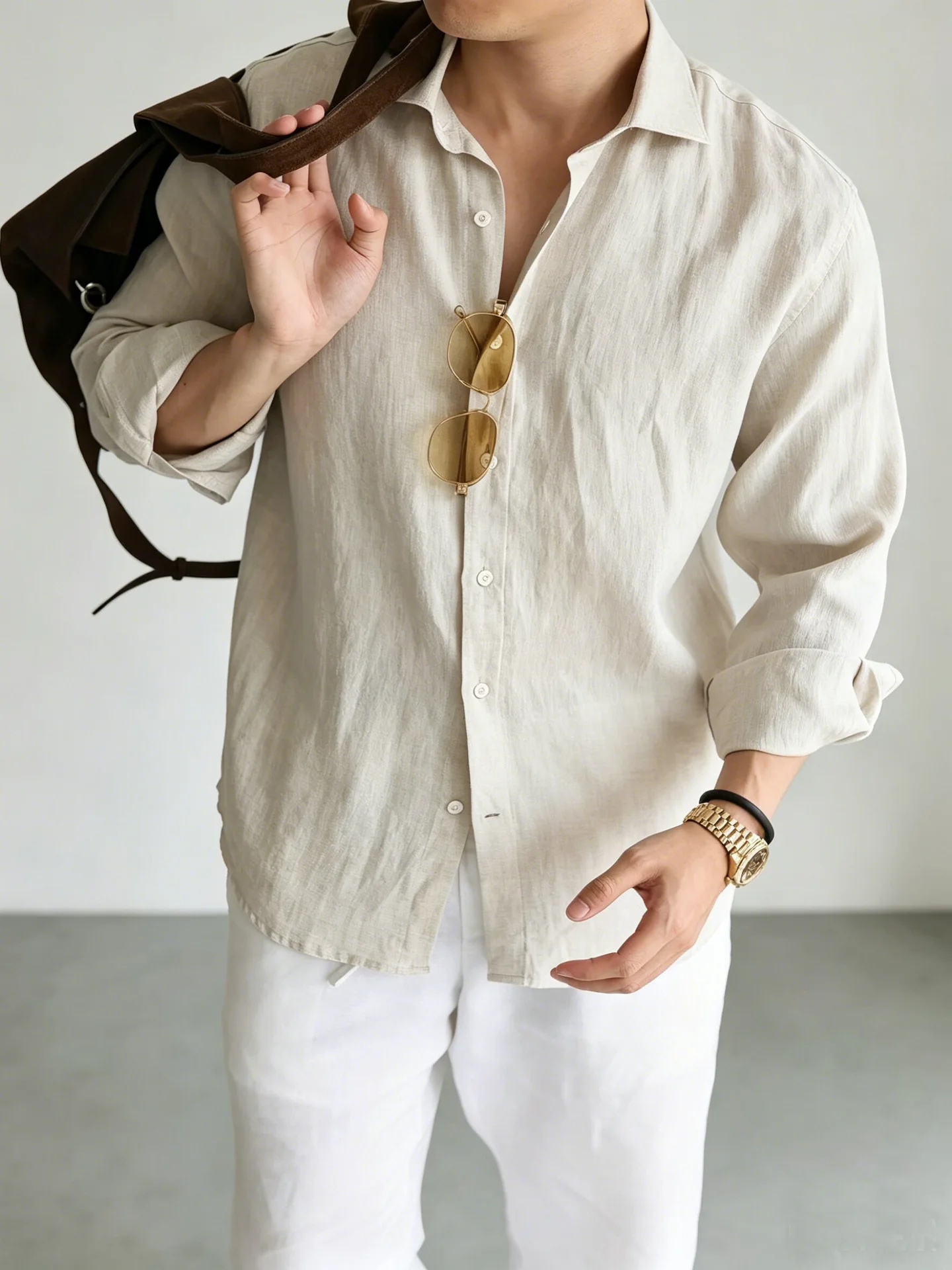 Men's Italian 100% Linen Long-Sleeve Shirt Jacket Summer Daily Commute Old Money Style Loose Fit UV Protection