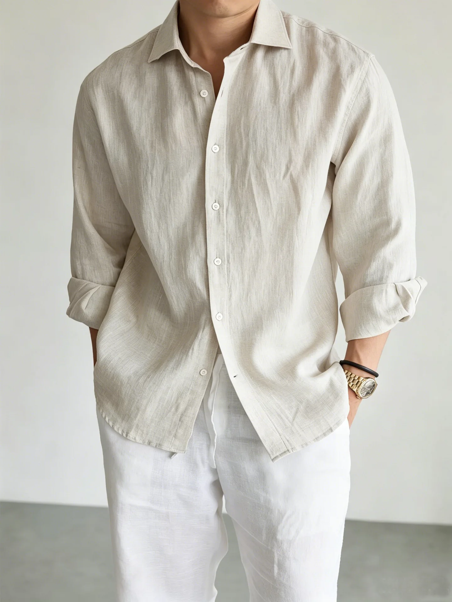 Men's Italian 100% Linen Long-Sleeve Shirt Jacket Summer Daily Commute Old Money Style Loose Fit UV Protection