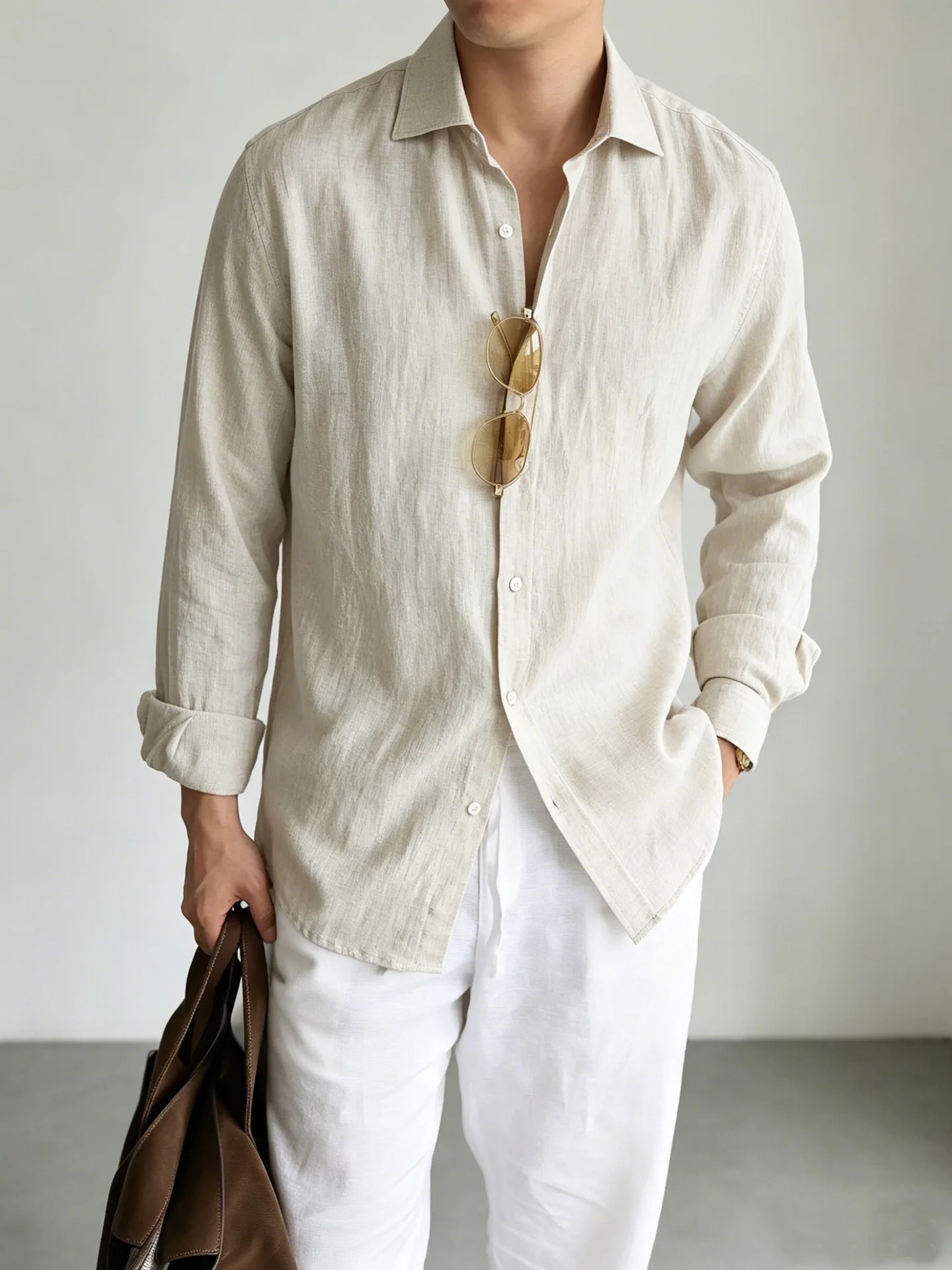 Men's Italian 100% Linen Long-Sleeve Shirt Jacket Summer Daily Commute Old Money Style Loose Fit UV Protection