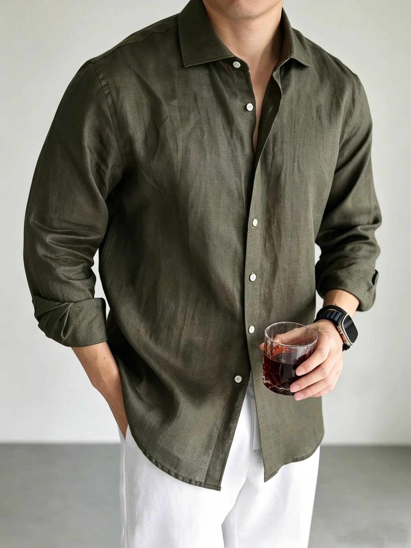 Men's Italian 100% Linen Long-Sleeve Shirt Jacket Summer Daily Commute Old Money Style Loose Fit UV Protection