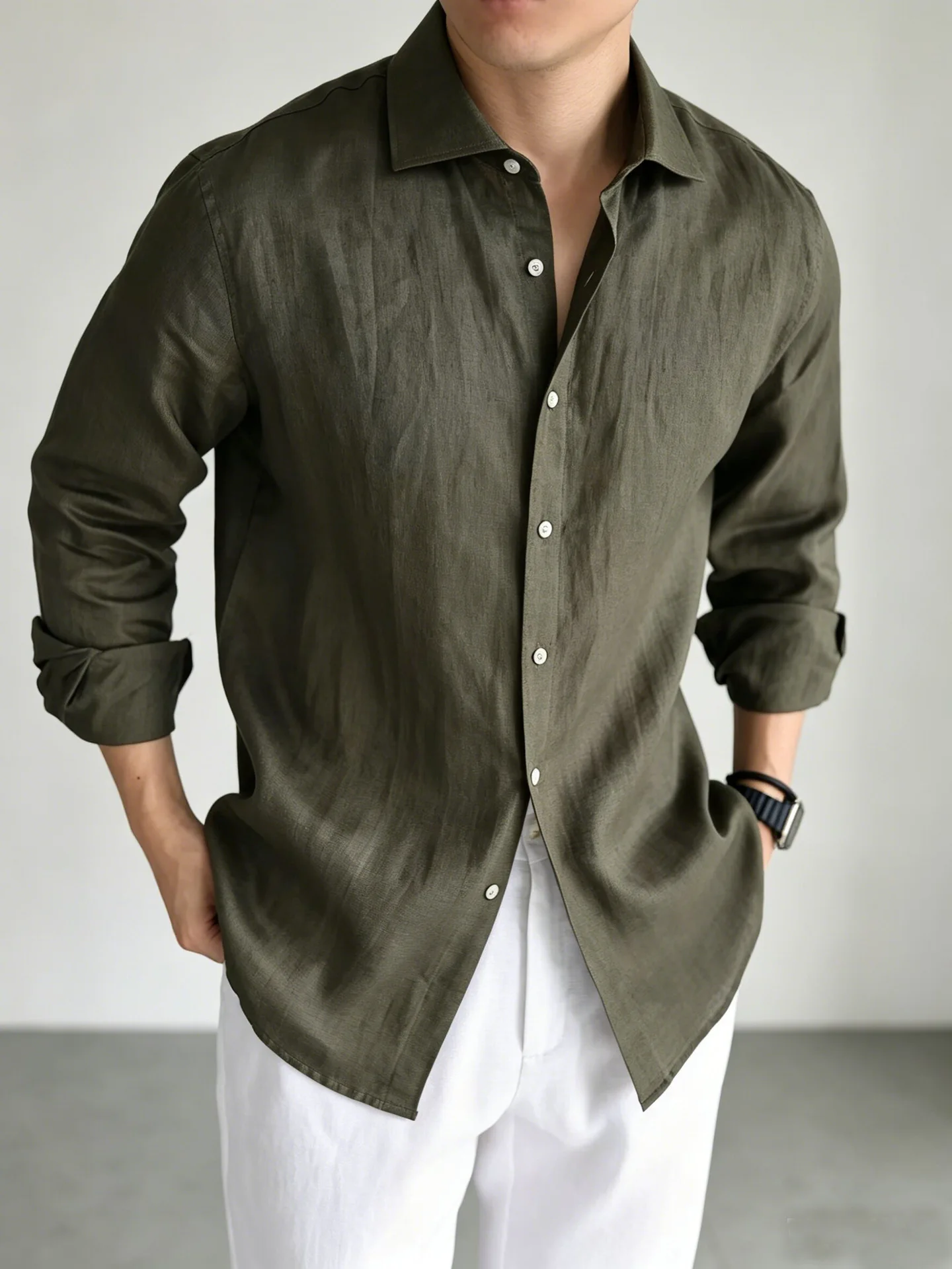 Men's Italian 100% Linen Long-Sleeve Shirt Jacket Summer Daily Commute Old Money Style Loose Fit UV Protection