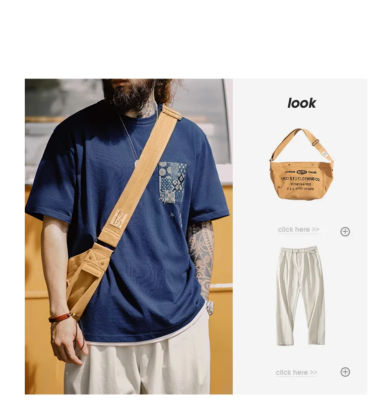Maden Retro Plant Blue-dyed Short-Sleeve Tee Ancient Cloth Splicing Pocket T-shirt Cotton Round Neck Tops for Men's Summer Tee