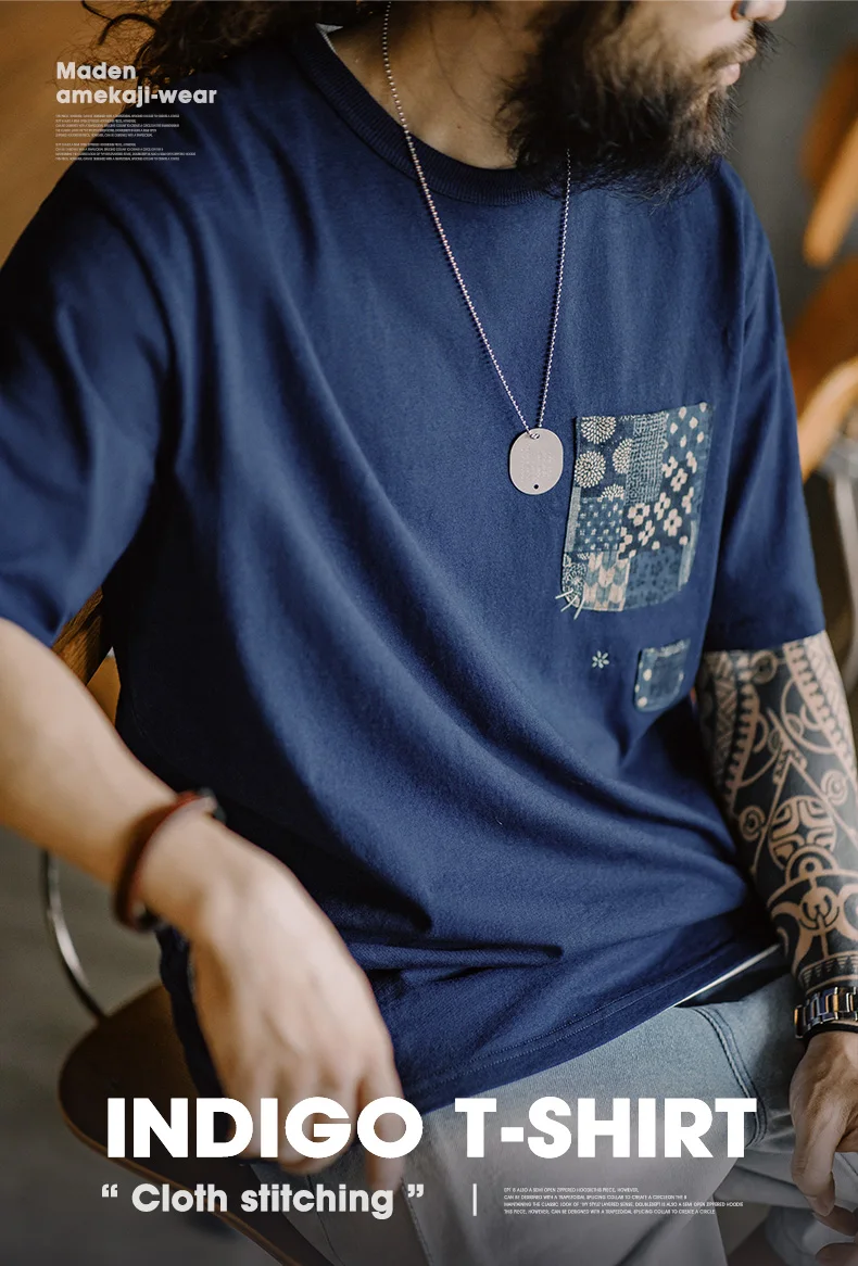 Maden Retro Plant Blue-dyed Short-Sleeve Tee Ancient Cloth Splicing Pocket T-shirt Cotton Round Neck Tops for Men's Summer Tee