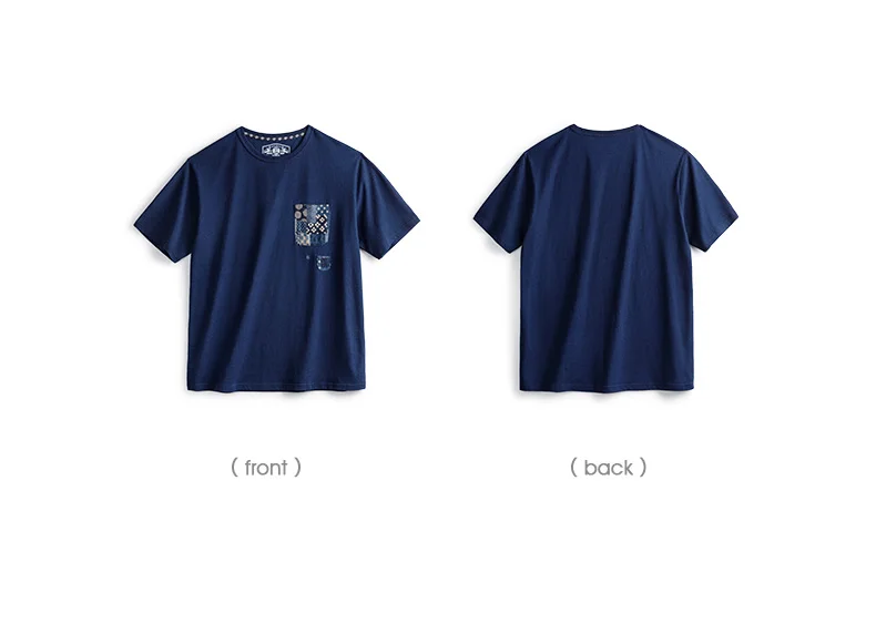 Maden Retro Plant Blue-dyed Short-Sleeve Tee Ancient Cloth Splicing Pocket T-shirt Cotton Round Neck Tops for Men's Summer Tee