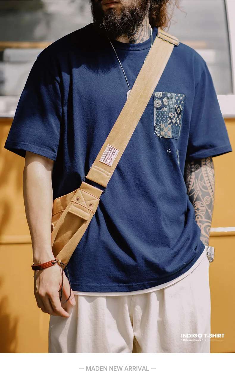 Maden Retro Plant Blue-dyed Short-Sleeve Tee Ancient Cloth Splicing Pocket T-shirt Cotton Round Neck Tops for Men's Summer Tee