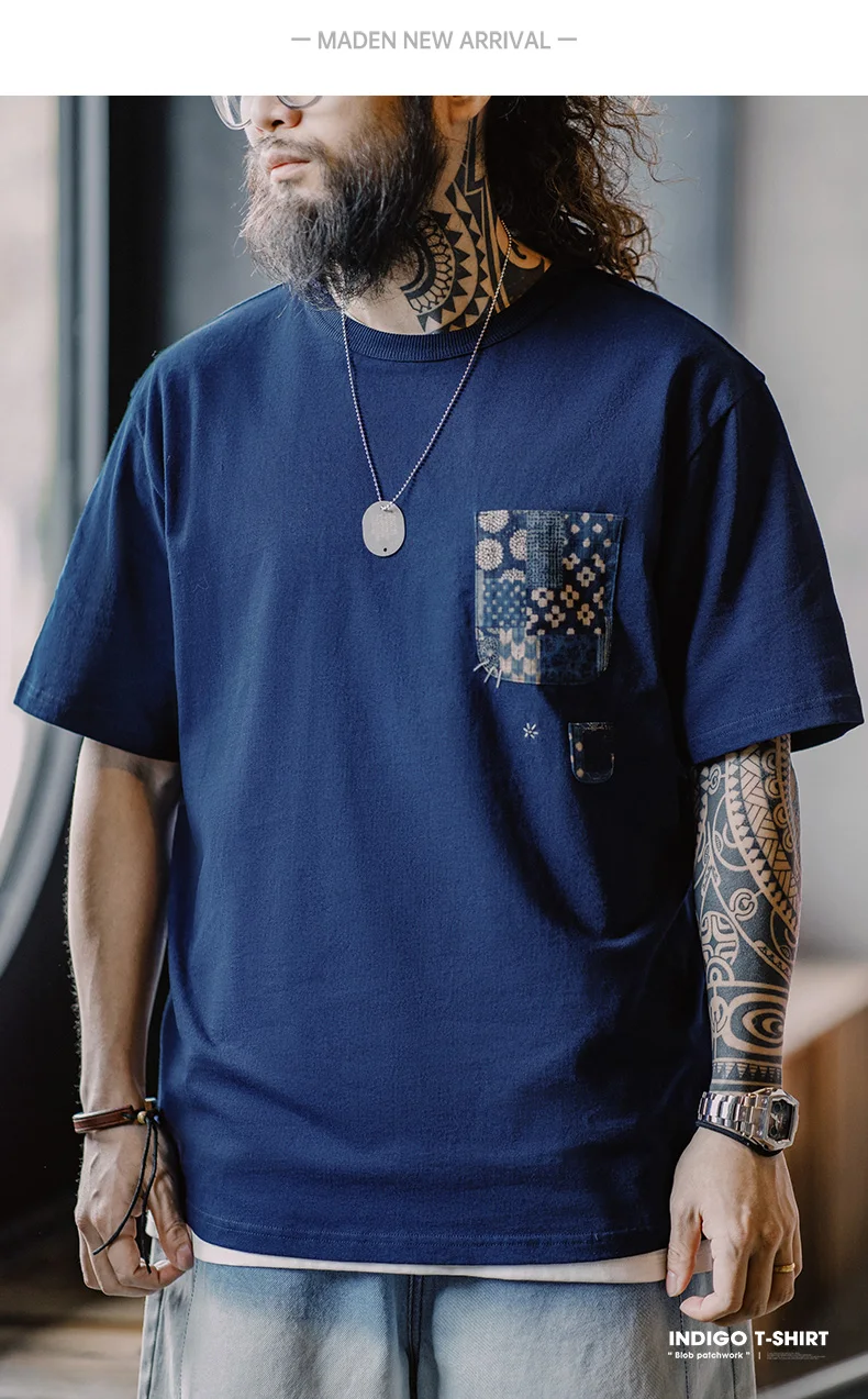 Maden Retro Plant Blue-dyed Short-Sleeve Tee Ancient Cloth Splicing Pocket T-shirt Cotton Round Neck Tops for Men's Summer Tee