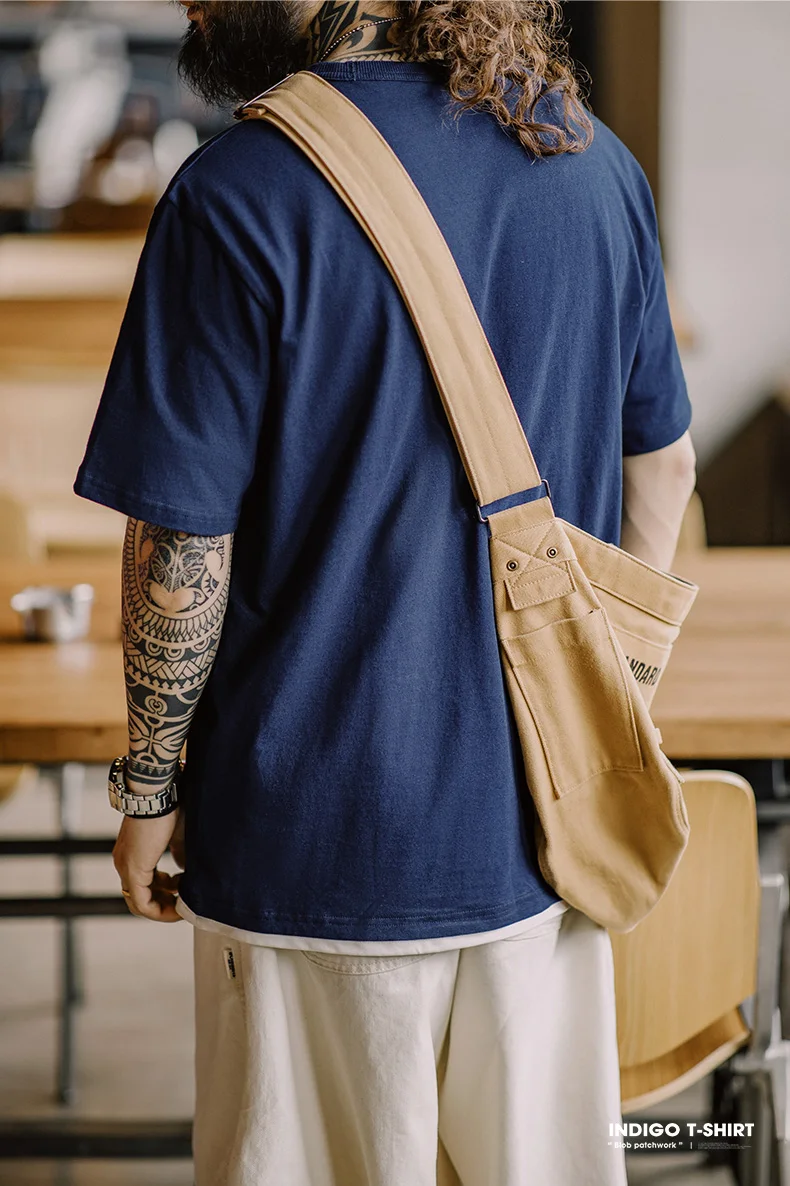 Maden Retro Plant Blue-dyed Short-Sleeve Tee Ancient Cloth Splicing Pocket T-shirt Cotton Round Neck Tops for Men's Summer Tee