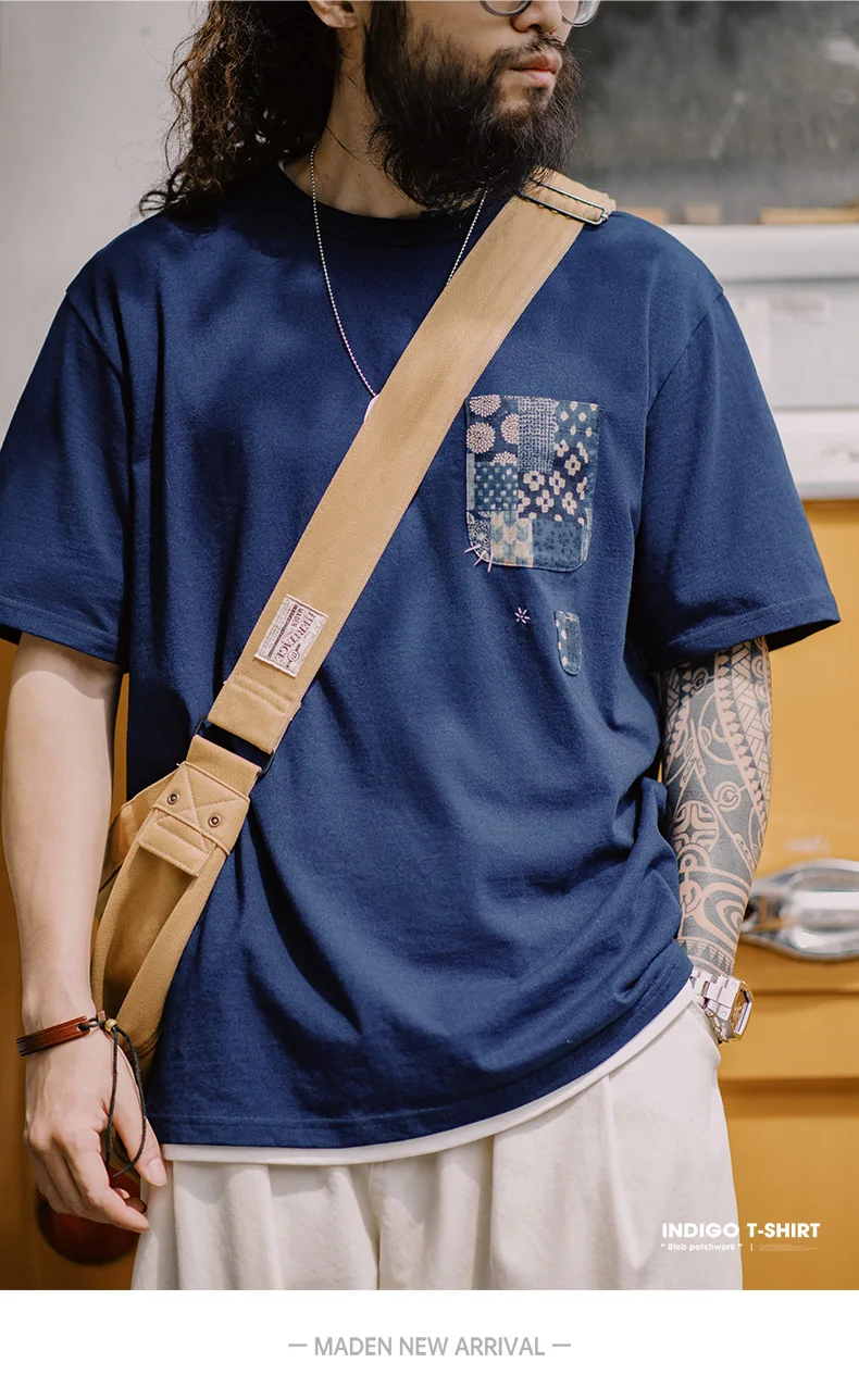 Maden Retro Plant Blue-dyed Short-Sleeve Tee Ancient Cloth Splicing Pocket T-shirt Cotton Round Neck Tops for Men's Summer Tee