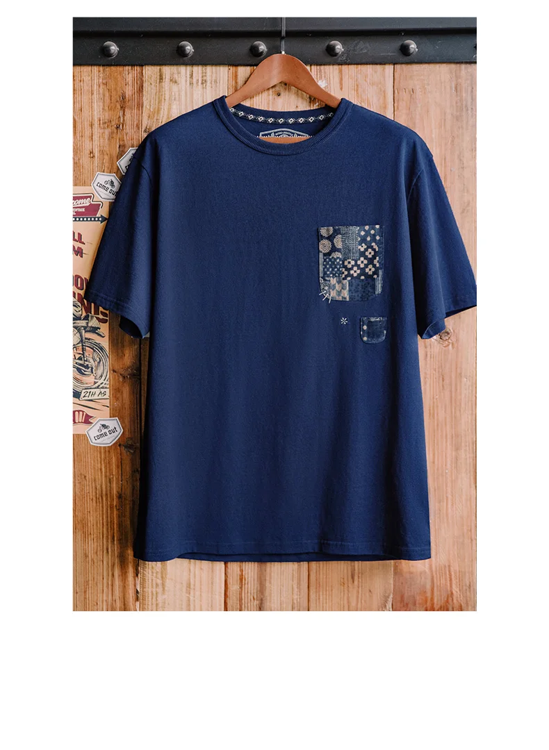 Maden Retro Plant Blue-dyed Short-Sleeve Tee Ancient Cloth Splicing Pocket T-shirt Cotton Round Neck Tops for Men's Summer Tee
