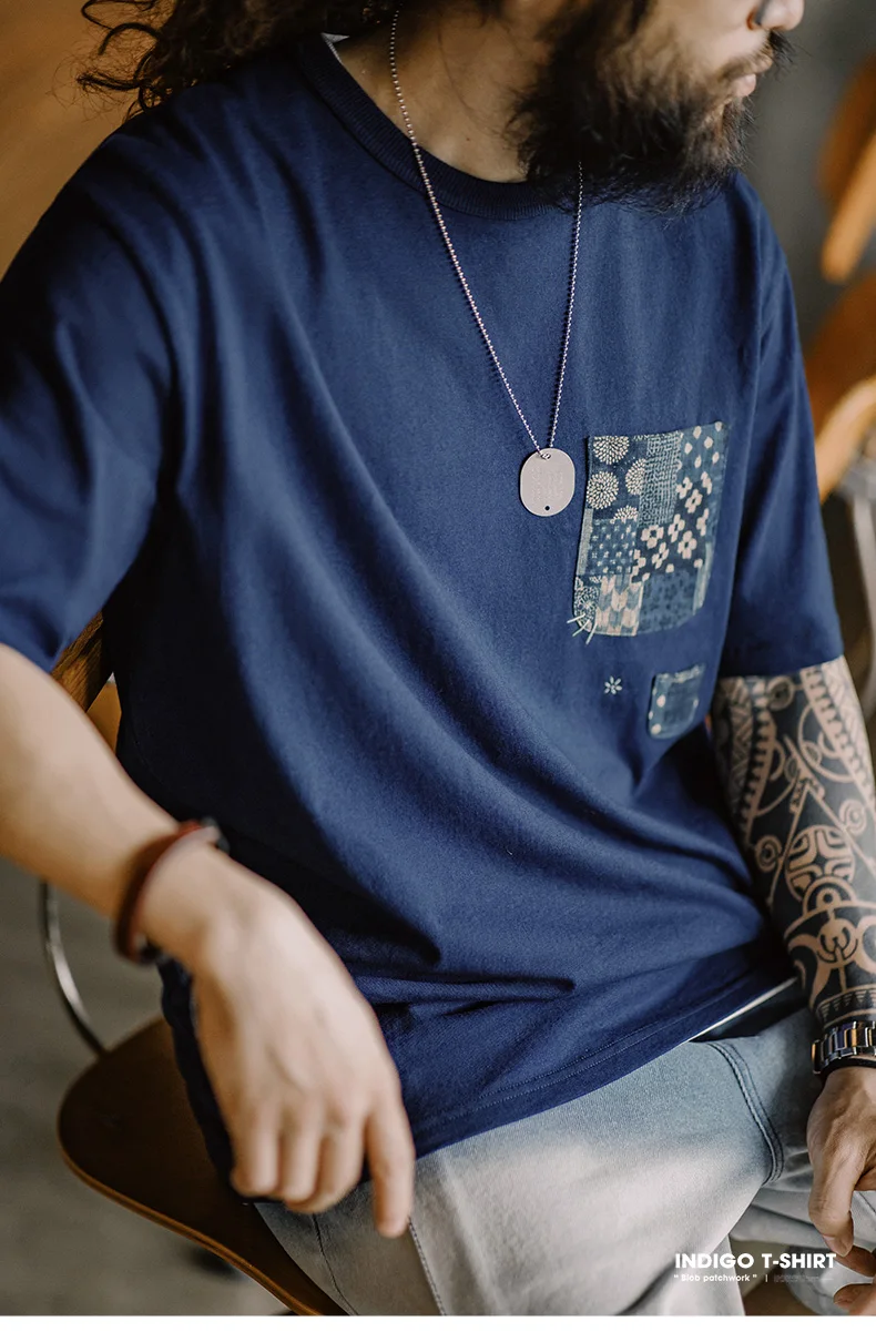 Maden Retro Plant Blue-dyed Short-Sleeve Tee Ancient Cloth Splicing Pocket T-shirt Cotton Round Neck Tops for Men's Summer Tee