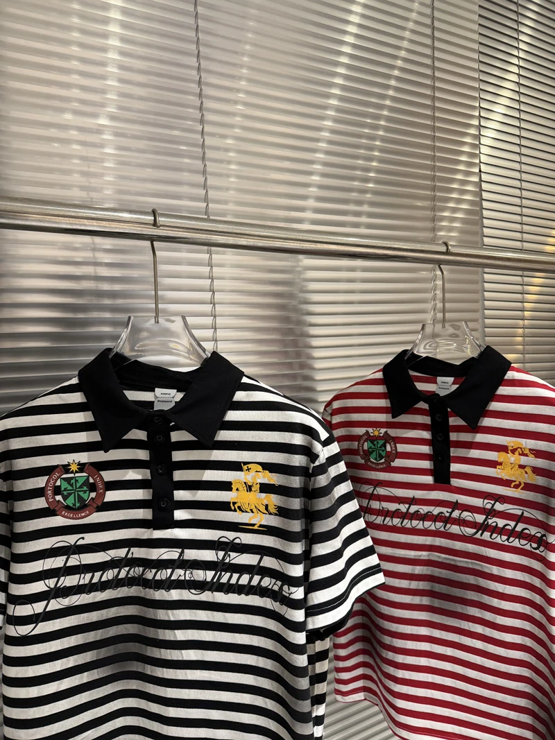 Soiled Stripe PROTOCOL Embroidery Warhorse T Shirt Polo Shirts Men Women Black Red Short Sleeve High Quality Lapel T-shirt Tops