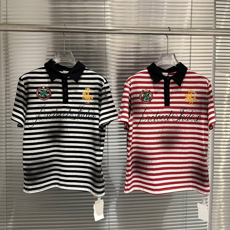 Soiled Stripe PROTOCOL Embroidery Warhorse T Shirt Polo Shirts Men Women Black Red Short Sleeve High Quality Lapel T-shirt Tops