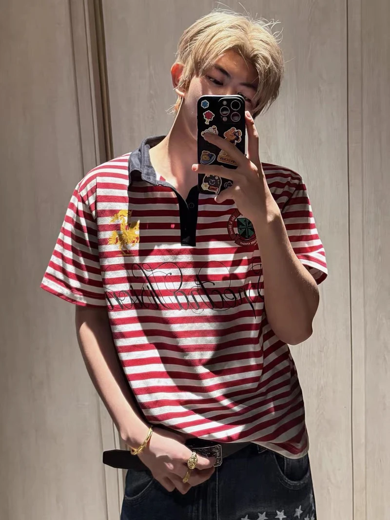 Soiled Stripe PROTOCOL Embroidery Warhorse T Shirt Polo Shirts Men Women Black Red Short Sleeve High Quality Lapel T-shirt Tops