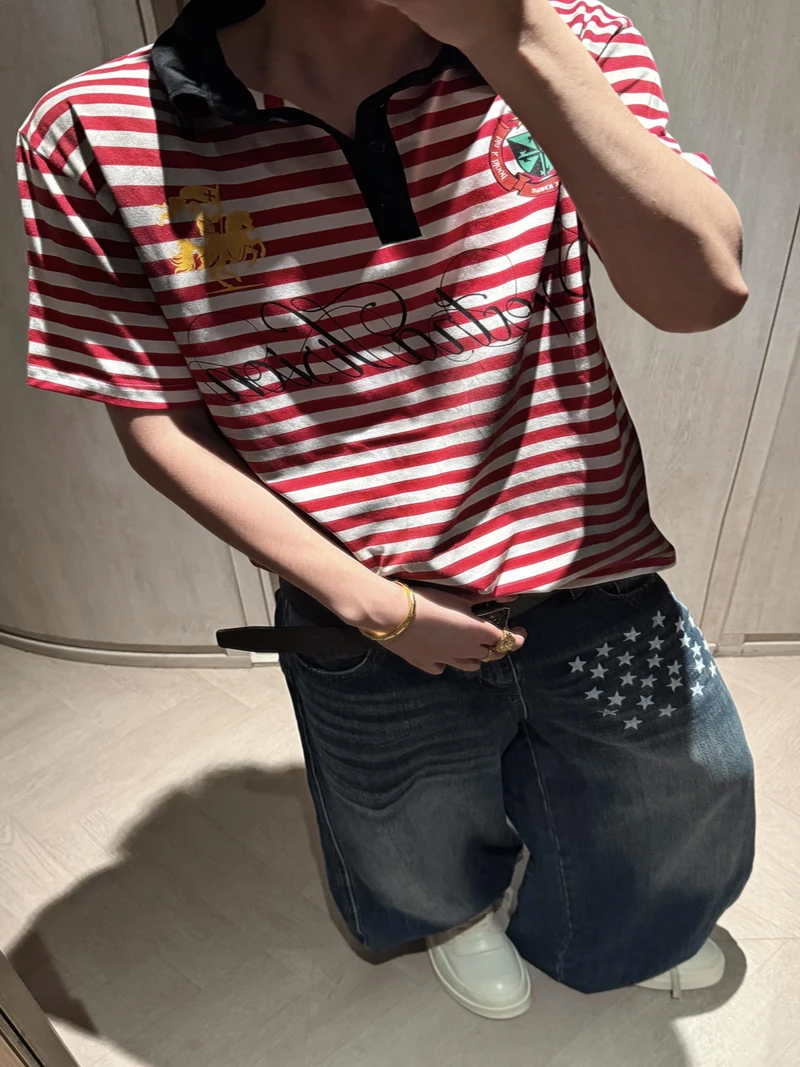 Soiled Stripe PROTOCOL Embroidery Warhorse T Shirt Polo Shirts Men Women Black Red Short Sleeve High Quality Lapel T-shirt Tops