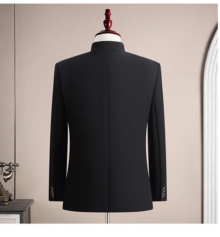 (Jacket+Pants) Chinese Style Stand Up Collar Suit Jacket Pants 2 Piece Set Vintage Luxury Men Slim Casual Social Wedding Tuxedo