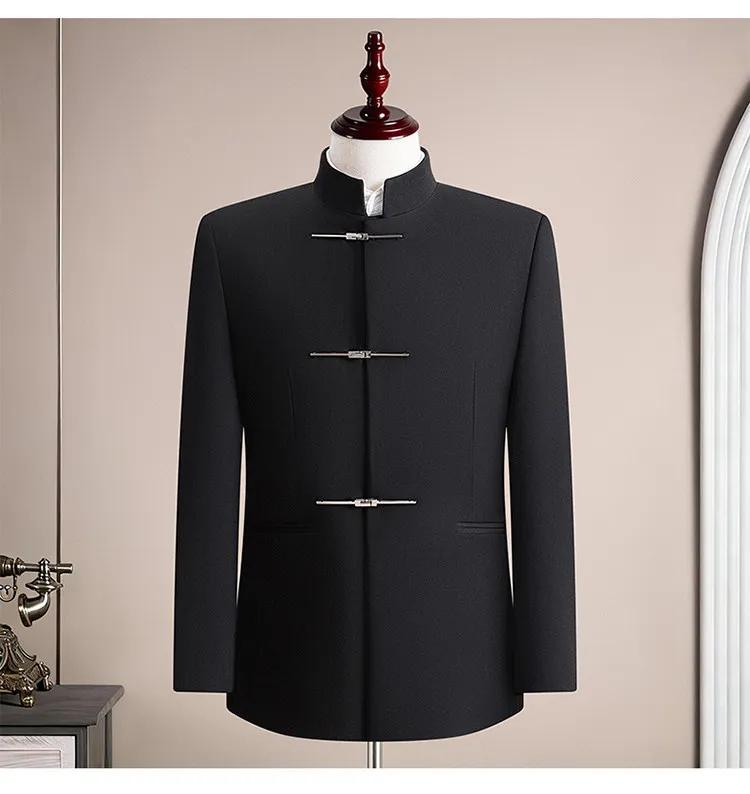 (Jacket+Pants) Chinese Style Stand Up Collar Suit Jacket Pants 2 Piece Set Vintage Luxury Men Slim Casual Social Wedding Tuxedo