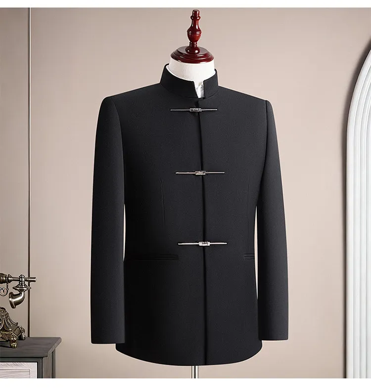 (Jacket+Pants) Chinese Style Stand Up Collar Suit Jacket Pants 2 Piece Set Vintage Luxury Men Slim Casual Social Wedding Tuxedo