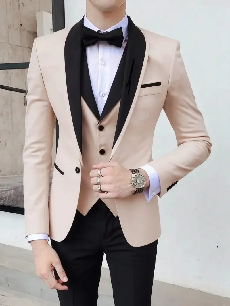 Solid Men's Wedding Suit One Button Shawl Lapel Jacket Vest Pants Dinner Groom Tuxedos Slim Fit Formal Business Suits