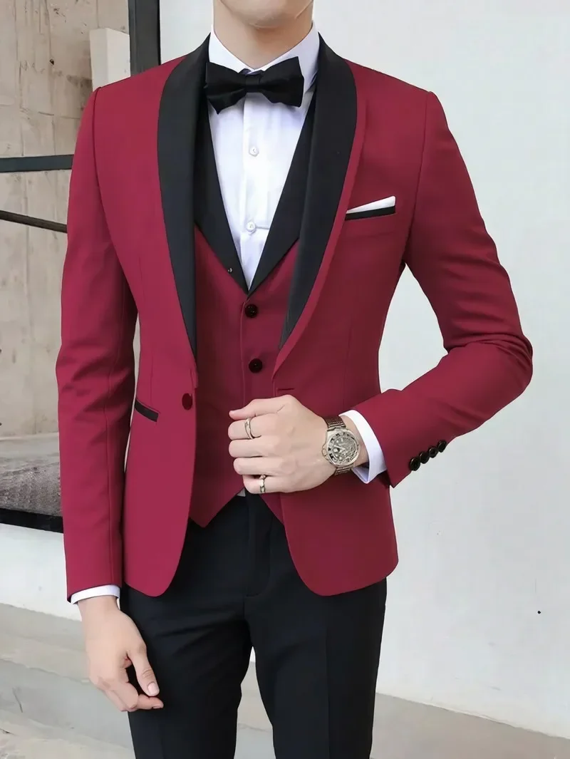 Solid Men's Wedding Suit One Button Shawl Lapel Jacket Vest Pants Dinner Groom Tuxedos Slim Fit Formal Business Suits