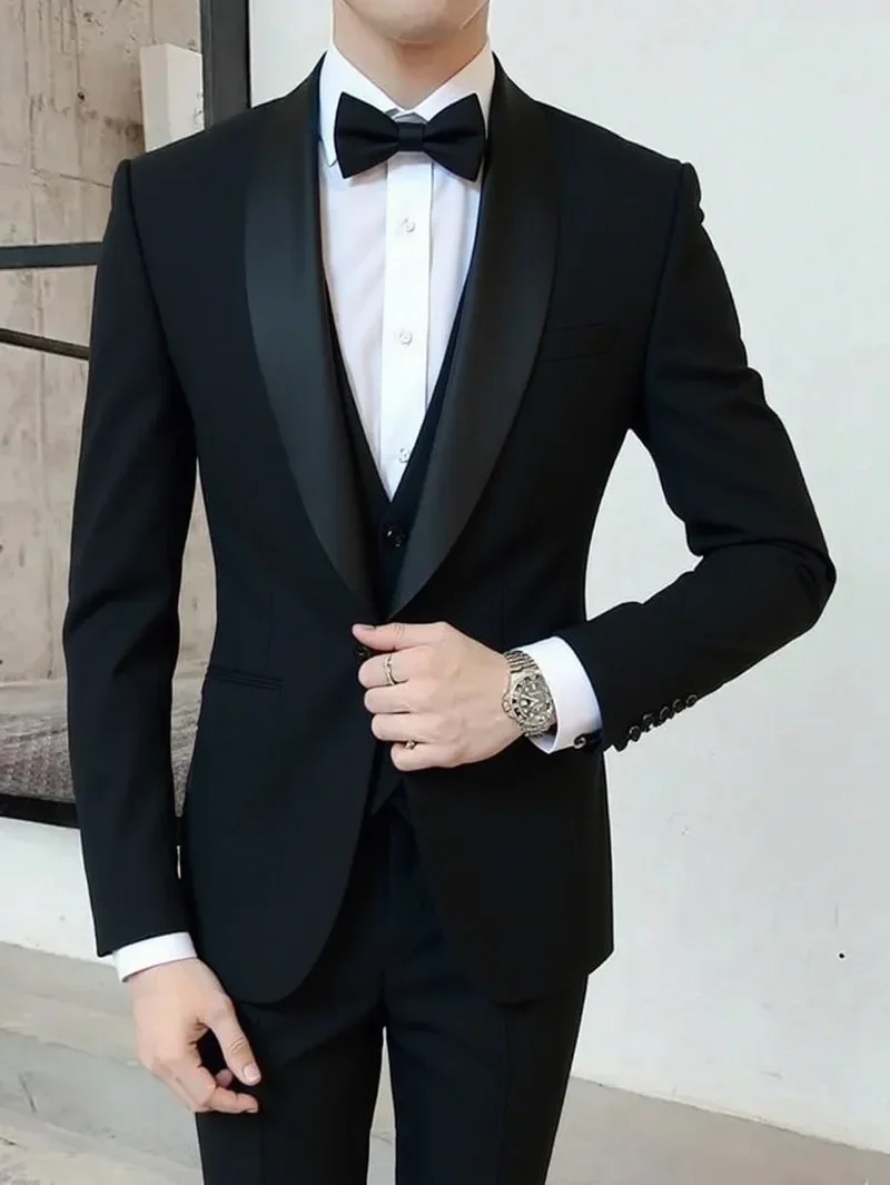Solid Men's Wedding Suit One Button Shawl Lapel Jacket Vest Pants Dinner Groom Tuxedos Slim Fit Formal Business Suits