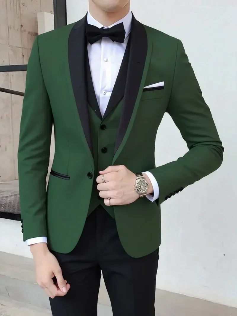 Solid Men's Wedding Suit One Button Shawl Lapel Jacket Vest Pants Dinner Groom Tuxedos Slim Fit Formal Business Suits