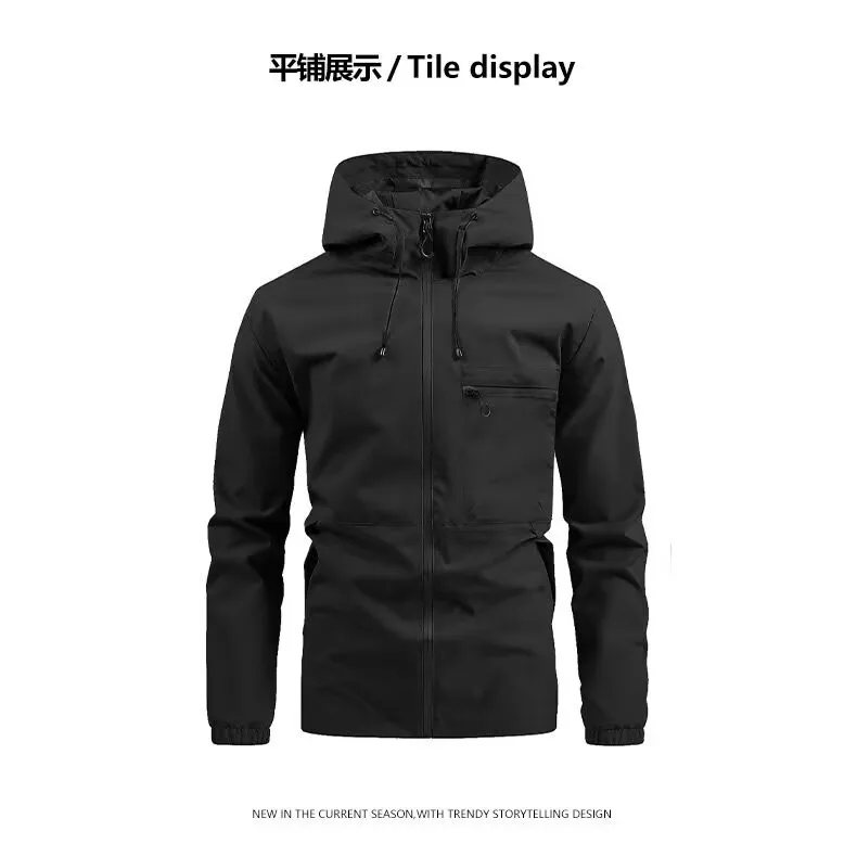 Men Spring Autumn Hooded Jacket Waterproof Outdoor Windbreaker Casual Zip Up Pocket Coat Outerwear
