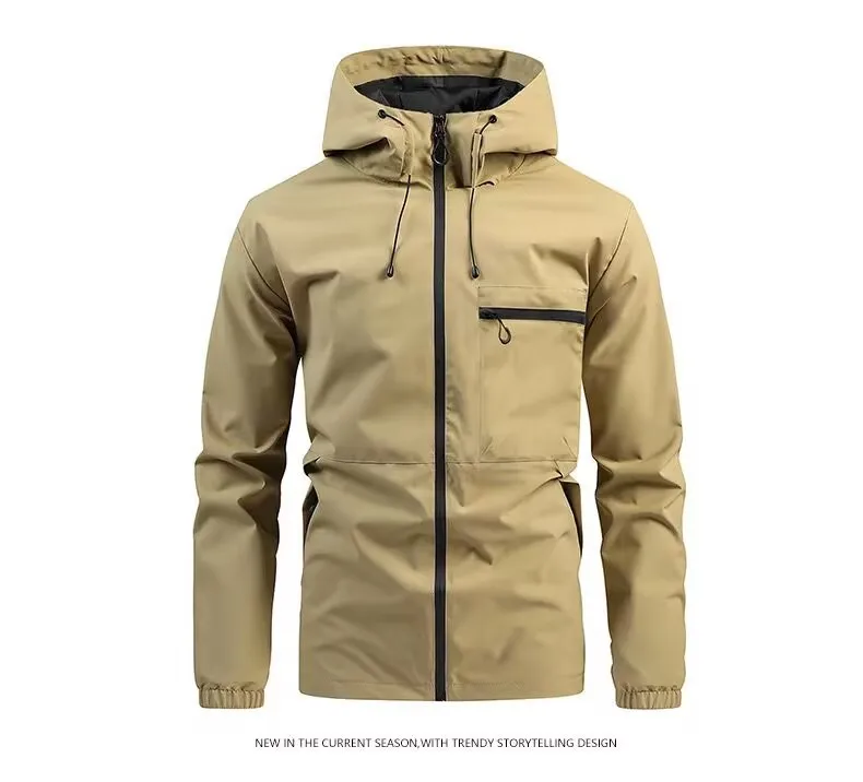 Men Spring Autumn Hooded Jacket Waterproof Outdoor Windbreaker Casual Zip Up Pocket Coat Outerwear