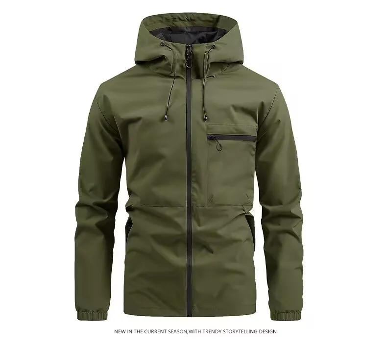 Men Spring Autumn Hooded Jacket Waterproof Outdoor Windbreaker Casual Zip Up Pocket Coat Outerwear